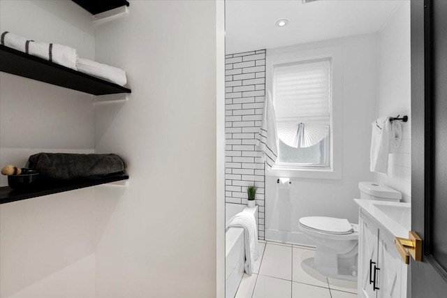 full bath featuring toilet, recessed lighting, tile patterned floors, vanity, and bathtub / shower combination