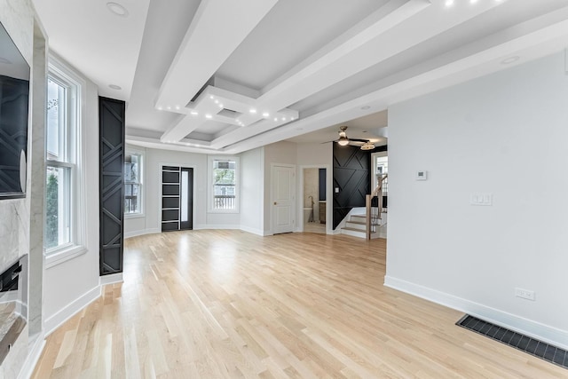 822 N Lockwood Ave, Chicago, IL 60651 - unfurnished living room featuring a ceiling fan, visible vents, coffered ceiling, stairs, and light wood-style flooring