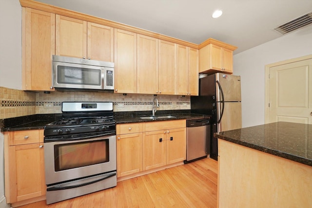 7633 N Greenview Ave Unit 3W, Chicago, IL 60626 - kitchen with tasteful backsplash, light wood-style flooring, light brown cabinetry, appliances with stainless steel finishes, and a sink