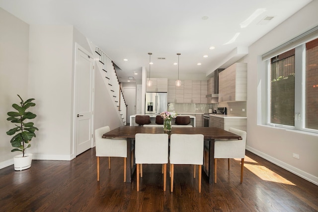 dining space featuring baseboards, dark wood-style flooring, stairway, and recessed lighting