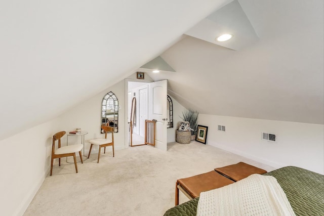 bedroom featuring carpet, visible vents, vaulted ceiling, and baseboards