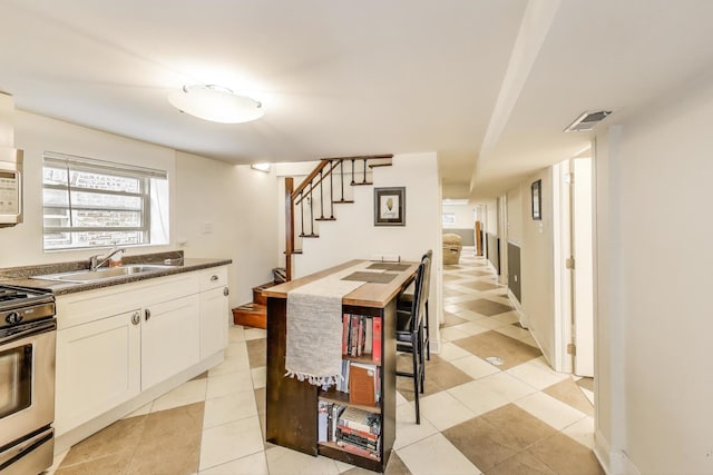 kitchen with stainless steel electric range oven, white cabinets, dark countertops, a sink, and visible vents