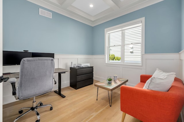 office space featuring coffered ceiling, beamed ceiling, wainscoting, light wood-style flooring, and recessed lighting