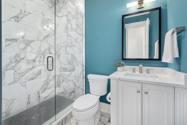 full bath with marble look tiles, a stall shower, toilet, vanity, and baseboards
