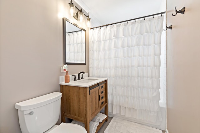full bathroom with vanity, toilet, and shower / bath combination with curtain