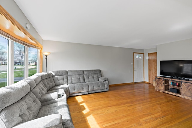 living room with baseboards and wood finished floors