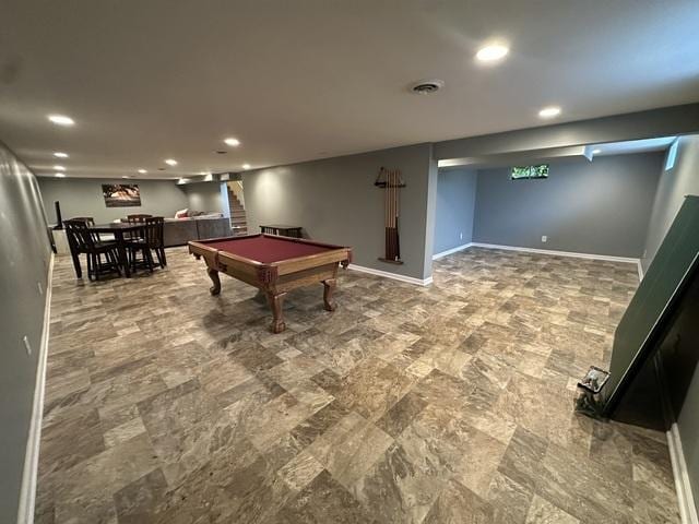 145 W Eisenhower St, Waterman, IL 60556 - playroom with visible vents, billiards, baseboards, and recessed lighting