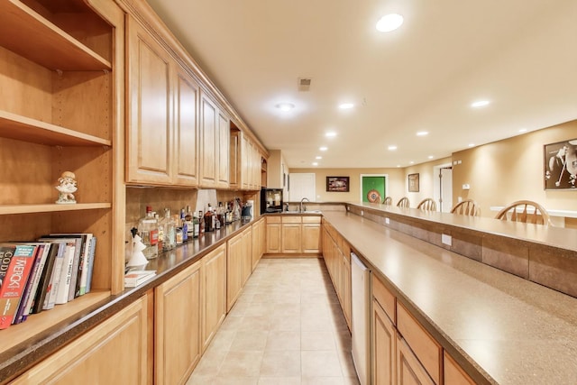 2502 S Hidden Trl, Spring Grove, IL 60081 - kitchen featuring light tile patterned floors, light brown cabinets, open shelves, and recessed lighting