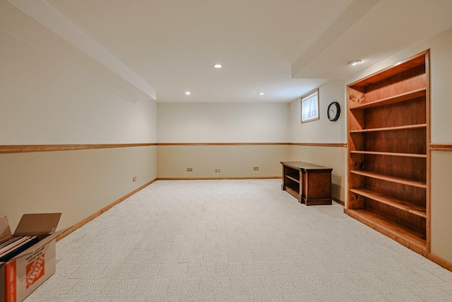 basement with recessed lighting, carpet flooring, and baseboards