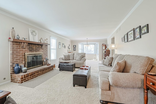 living room featuring baseboards, ornamental molding, carpet flooring, and a fireplace
