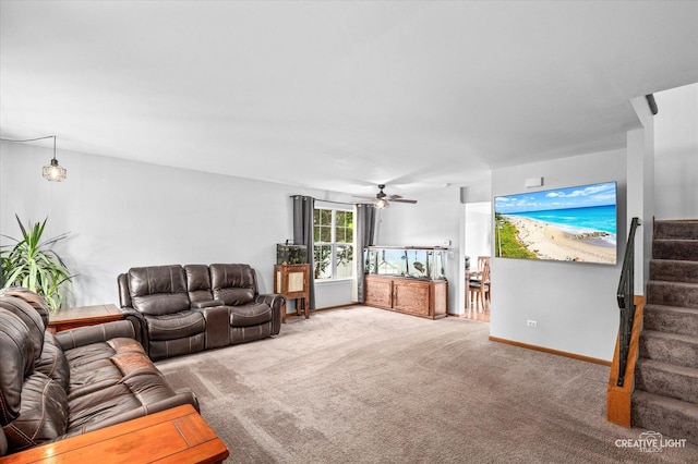 1118 Golden Oaks Pkwy, Aurora, IL 60506 - carpeted living room featuring stairs and ceiling fan