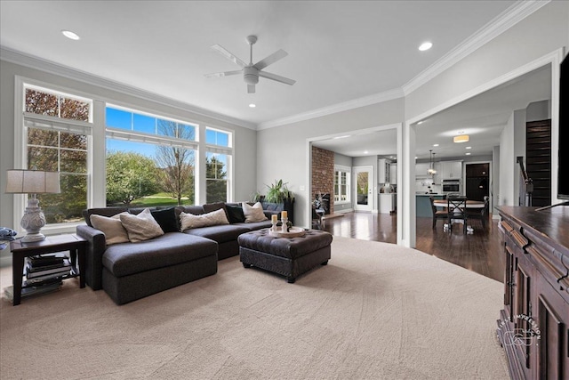 39W729 N Hathaway Ln, Geneva, IL 60134 - living area featuring ornamental molding, a ceiling fan, recessed lighting, and wood finished floors