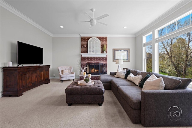 39W729 N Hathaway Ln, Geneva, IL 60134 - living room with crown molding, a ceiling fan, a brick fireplace, and carpet