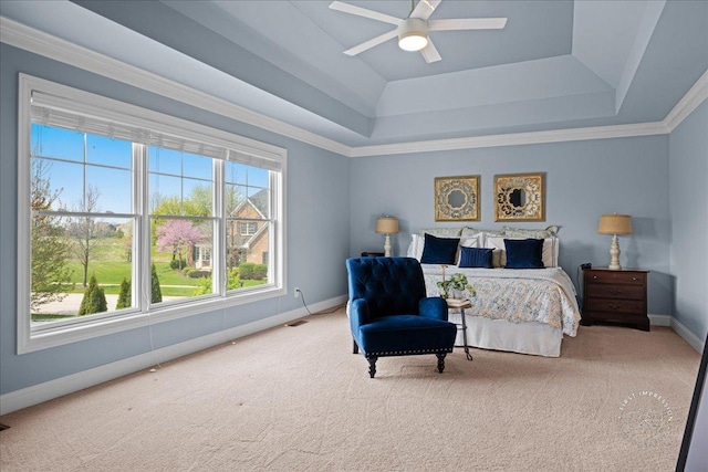 39W729 N Hathaway Ln, Geneva, IL 60134 - bedroom with a ceiling fan, ornamental molding, baseboards, a raised ceiling, and carpet flooring
