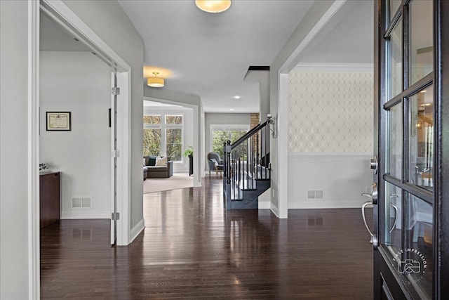 39W729 N Hathaway Ln, Geneva, IL 60134 - foyer entrance with baseboards, wood finished floors, visible vents, and stairway