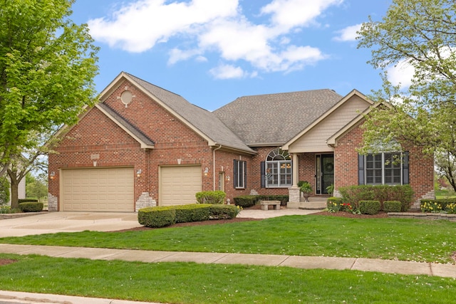 view of front of home featuring an attached garage, concrete driveway, brick siding, a front lawn, and roof with shingles