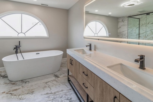1188 Parkview Ct, Carol Stream, IL 60188 - bathroom featuring a sink, a soaking tub, marble finish floor, and recessed lighting