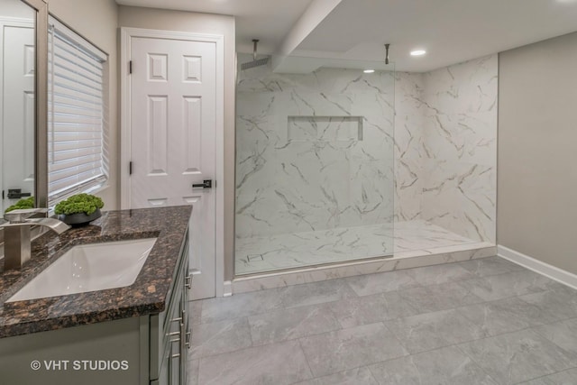 1188 Parkview Ct, Carol Stream, IL 60188 - bathroom with marble finish floor, vanity, a marble finish shower, recessed lighting, and baseboards