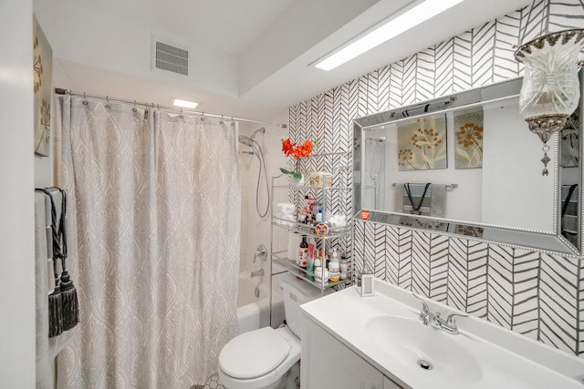 5328 W Windsor Ave Unit 1H, Chicago, IL 60630 - bathroom featuring visible vents, wallpapered walls, shower / tub combo with curtain, toilet, and vanity