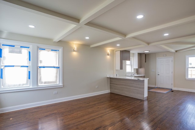 unfurnished living room featuring baseboards, recessed lighting, beamed ceiling, and dark wood finished floors