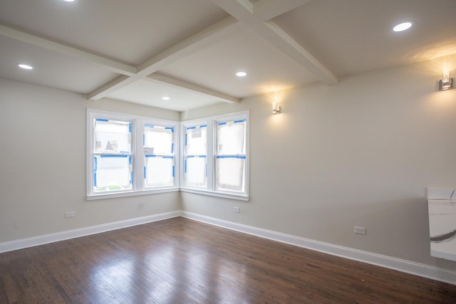 spare room featuring beamed ceiling, dark wood finished floors, and baseboards