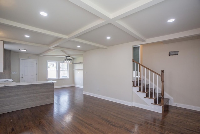 unfurnished living room featuring beamed ceiling, recessed lighting, baseboards, and dark wood-type flooring