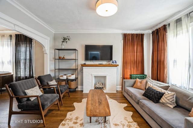 living area featuring crown molding, a fireplace, a textured ceiling, and wood finished floors
