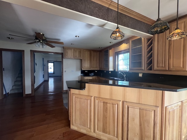kitchen featuring glass insert cabinets, a sink, dark countertops, dark wood finished floors, and a peninsula