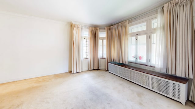 carpeted empty room featuring radiator, crown molding, and baseboards