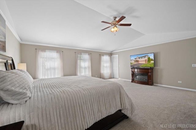 14329 Springfield Ct, Plainfield, IL 60544 - carpeted bedroom with vaulted ceiling, ornamental molding, a fireplace, baseboards, and ceiling fan