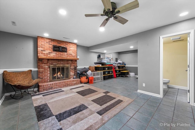 5214 Abbey Dr, Mchenry, IL 60050 - tiled living area with a fireplace, recessed lighting, ceiling fan, and baseboards