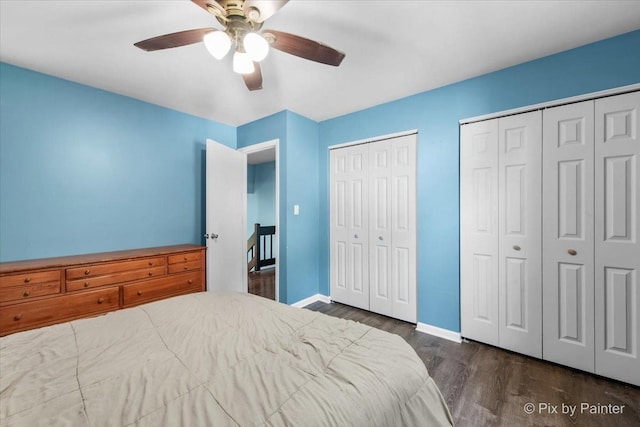 5214 Abbey Dr, Mchenry, IL 60050 - bedroom featuring wood finished floors, two closets, baseboards, and ceiling fan