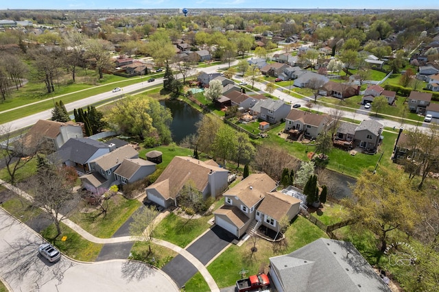birds eye view of property featuring a water view and a residential view