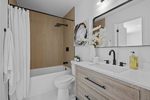full bath with toilet, vanity, tile patterned flooring, and shower / tub combo with curtain