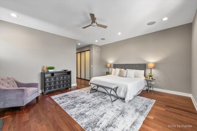bedroom featuring recessed lighting, baseboards, visible vents, and wood finished floors