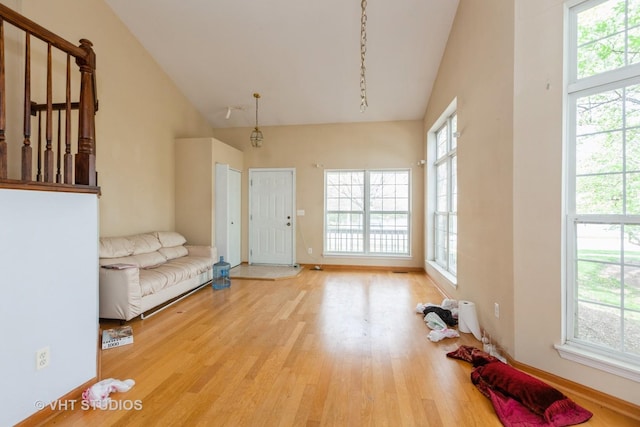 14252 S Hemingway Cir, Plainfield, IL 60544 - living room with baseboards, wood finished floors, and high vaulted ceiling