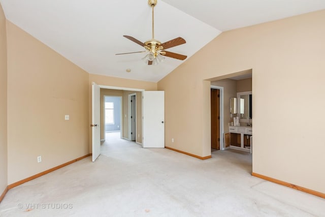 14252 S Hemingway Cir, Plainfield, IL 60544 - empty room featuring baseboards, a ceiling fan, lofted ceiling, and light carpet