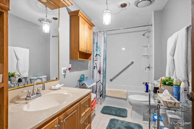 full bathroom featuring tile patterned floors, toilet, shower / tub combo with curtain, and vanity