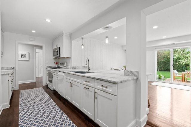 273 Eaton St, Northfield, IL 60093 - kitchen featuring a sink, dark wood finished floors, white cabinetry, light stone countertops, and white appliances