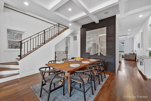 dining room featuring visible vents, stairs, dark wood-type flooring, recessed lighting, and coffered ceiling