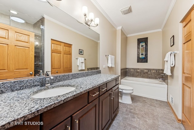 1178 Drury Ln, Aurora, IL 60502 - full bathroom with ornamental molding, vanity, a shower stall, a garden tub, and toilet