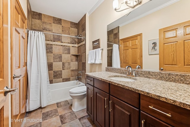 1178 Drury Ln, Aurora, IL 60502 - full bathroom with ornamental molding, shower / bathtub combination with curtain, toilet, and vanity