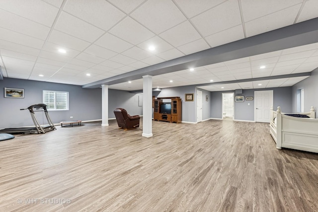 1178 Drury Ln, Aurora, IL 60502 - basement with light wood finished floors, baseboards, a drop ceiling, and recessed lighting