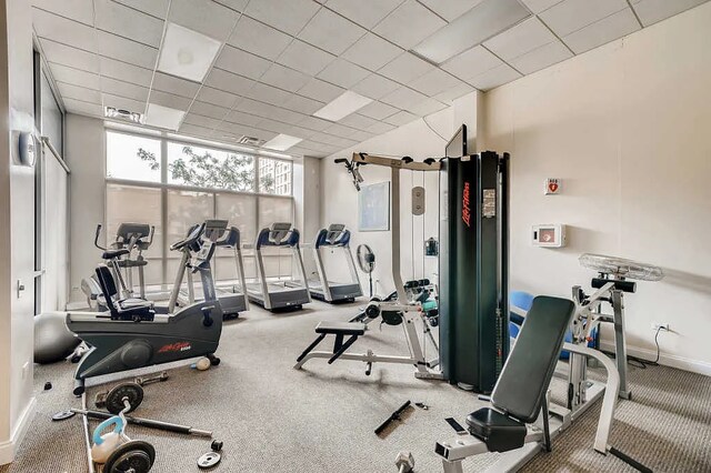 workout area with baseboards, carpet, a drop ceiling, and visible vents