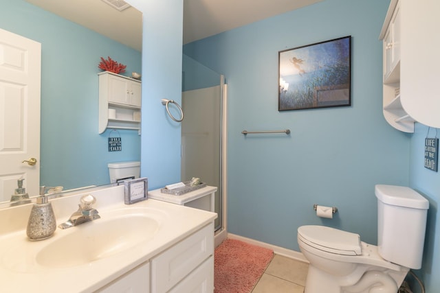 bathroom featuring toilet, tile patterned flooring, a stall shower, and vanity