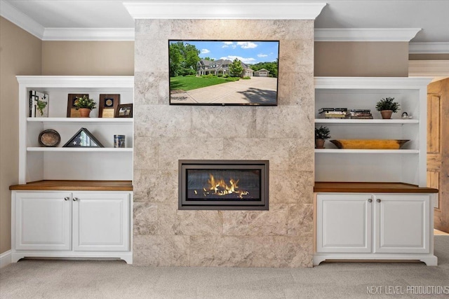 7S361 Arbor Dr, Naperville, IL 60540 - interior space featuring crown molding, built in shelves, a tiled fireplace, and light colored carpet