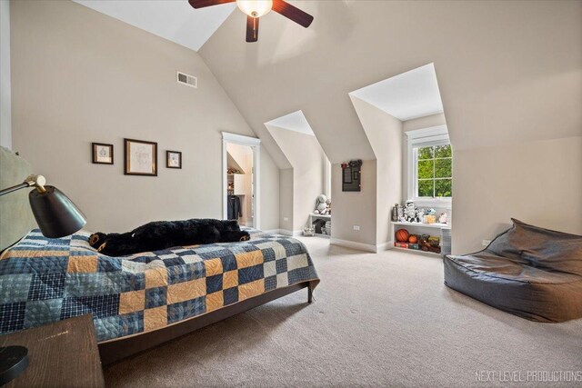 7S361 Arbor Dr, Naperville, IL 60540 - carpeted bedroom with a ceiling fan, visible vents, lofted ceiling, and baseboards