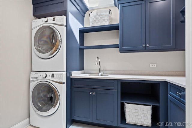 7S361 Arbor Dr, Naperville, IL 60540 - laundry room featuring a sink, stacked washer / drying machine, and cabinet space