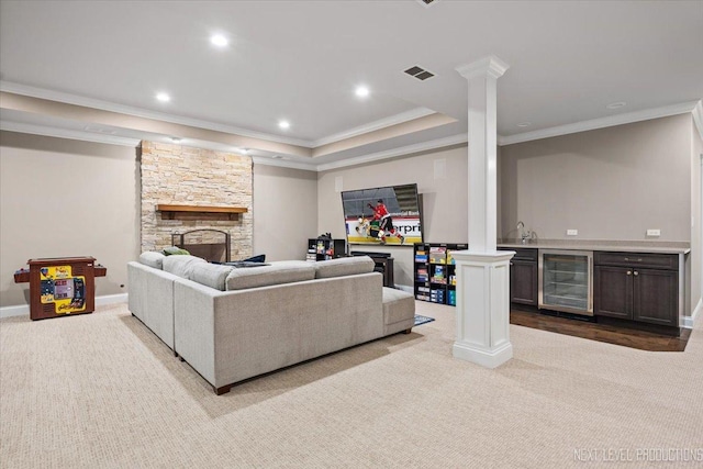 7S361 Arbor Dr, Naperville, IL 60540 - living room featuring ornamental molding, wet bar, carpet flooring, and beverage cooler