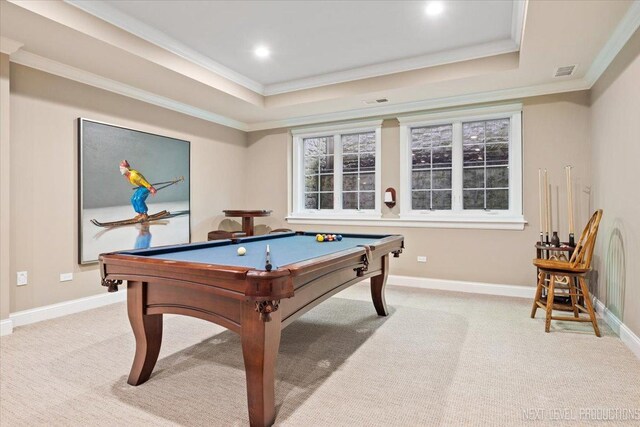 7S361 Arbor Dr, Naperville, IL 60540 - rec room featuring light colored carpet, a raised ceiling, visible vents, ornamental molding, and billiards